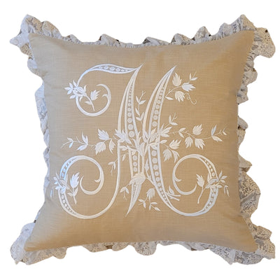 Beige French Monogram M Cotton Lumbar Cushion Cover 30 × 50 cm