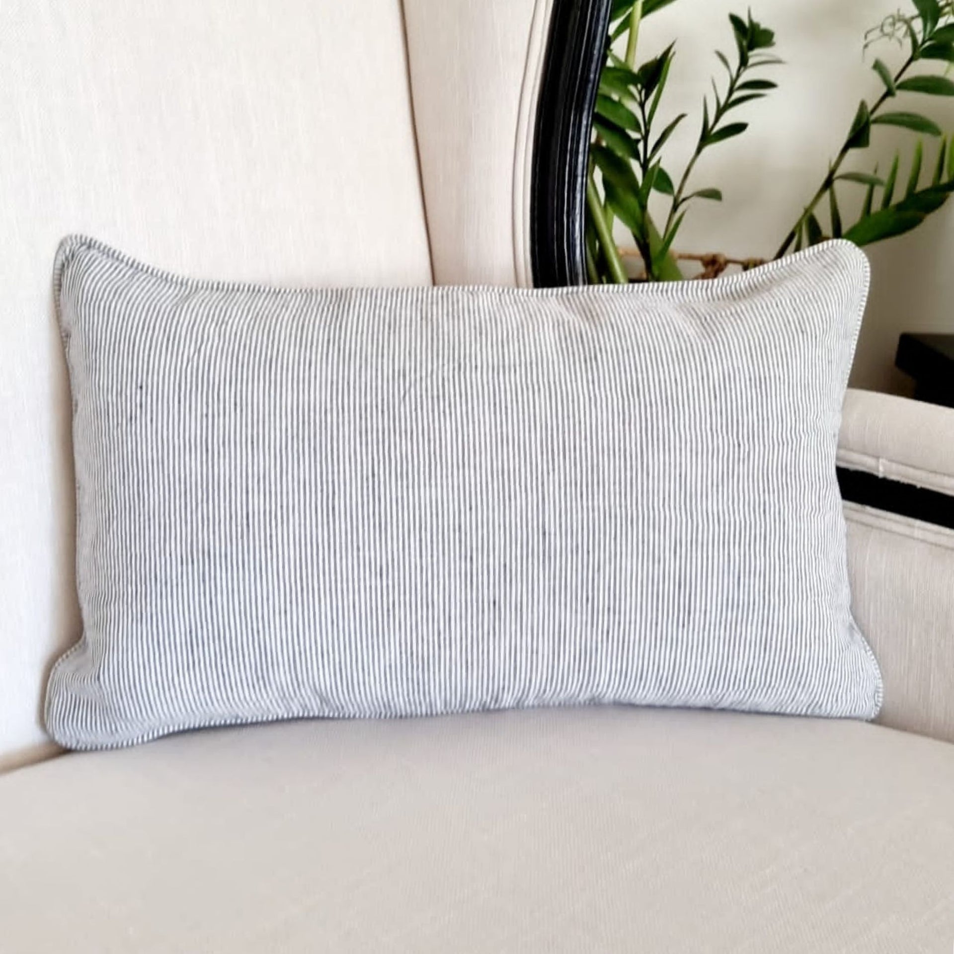 Charcoal Pinstripes Linen Lumbar Cushion with insert | 30cm x 50cm