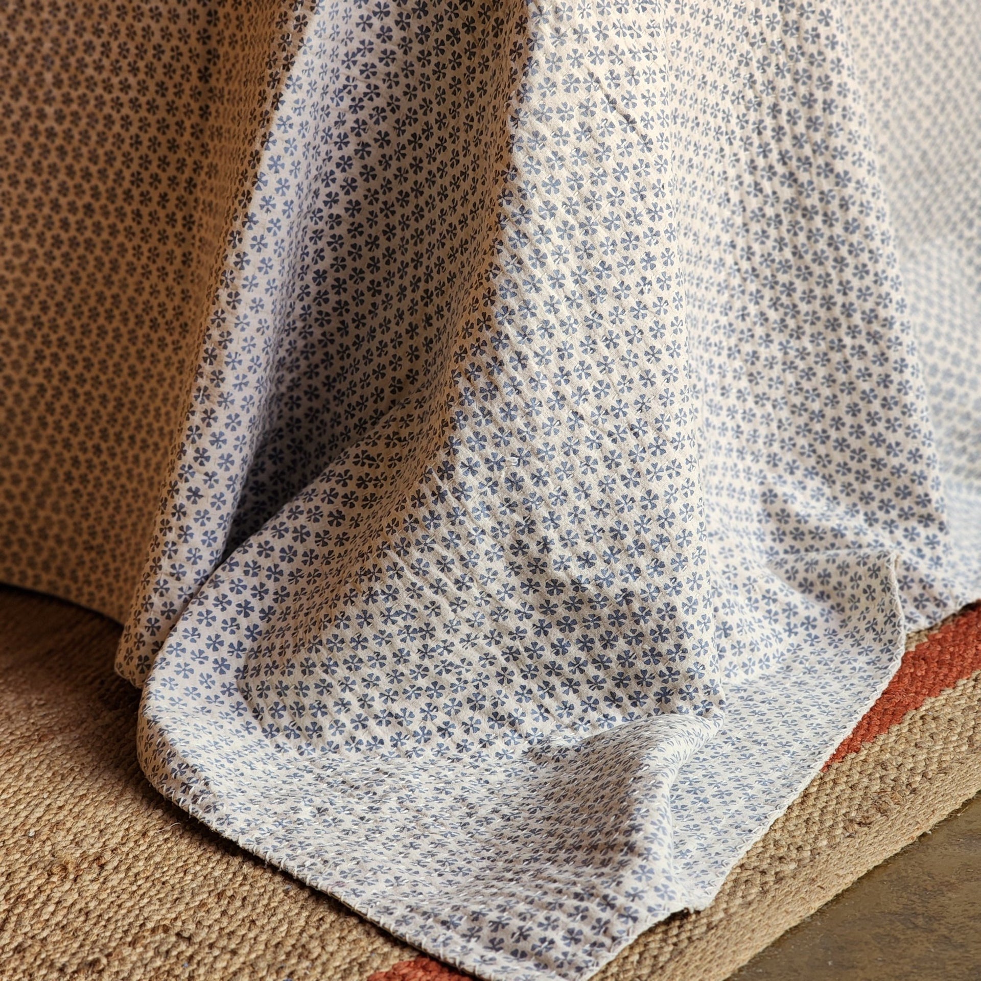 Forget Me Not Block Print Quilt | Vintage Floral Bedspread in 220x270cm Cotton