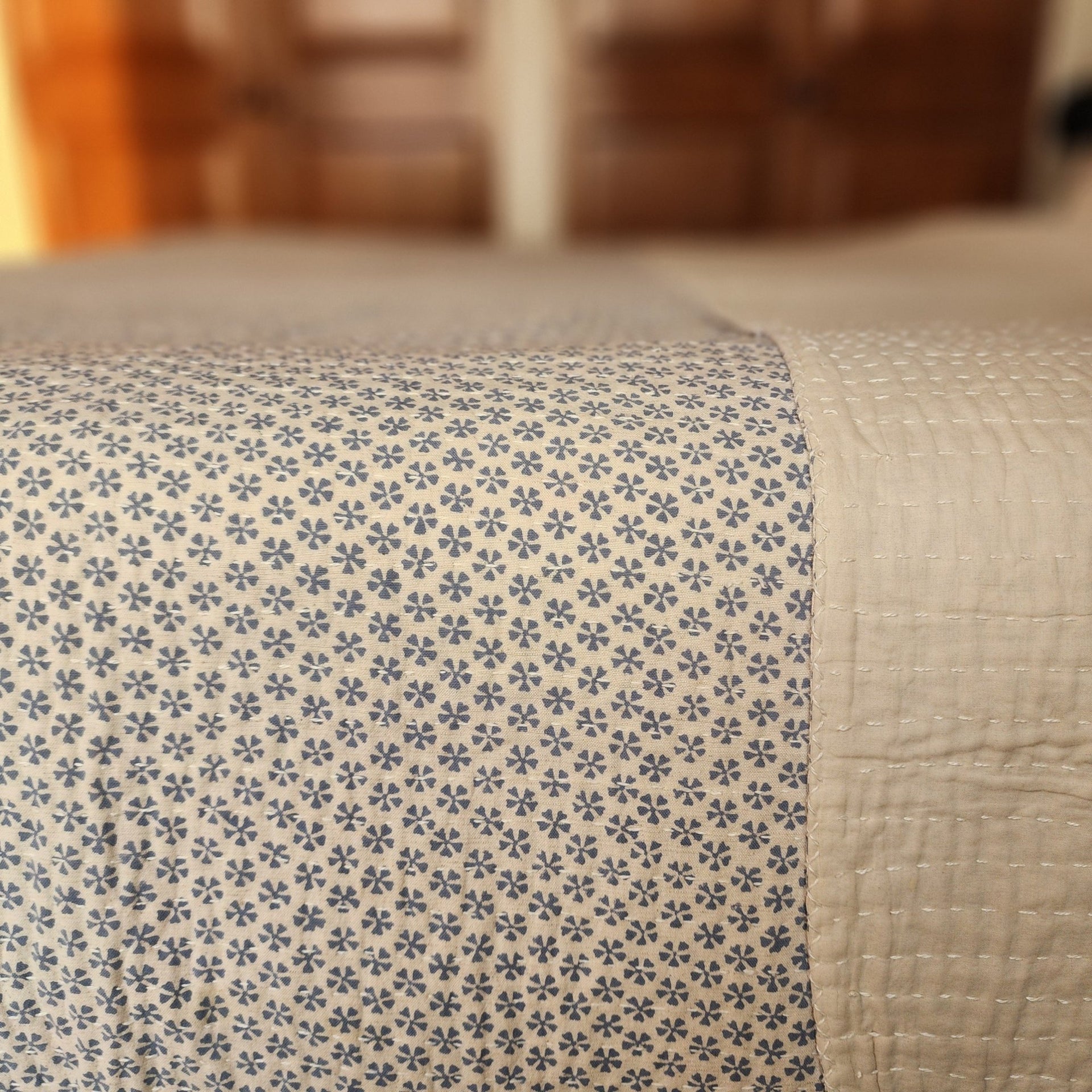 Forget Me Not Block Print Quilt | Vintage Floral Bedspread in 220x270cm Cotton