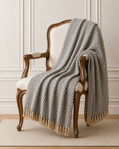 Blue Grey Chevron Handloom Throw Rug | 120x170cm