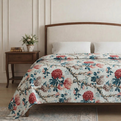 Peony Kantha Bedspread | 220x270cm Summer Cotton Kantha Bedding