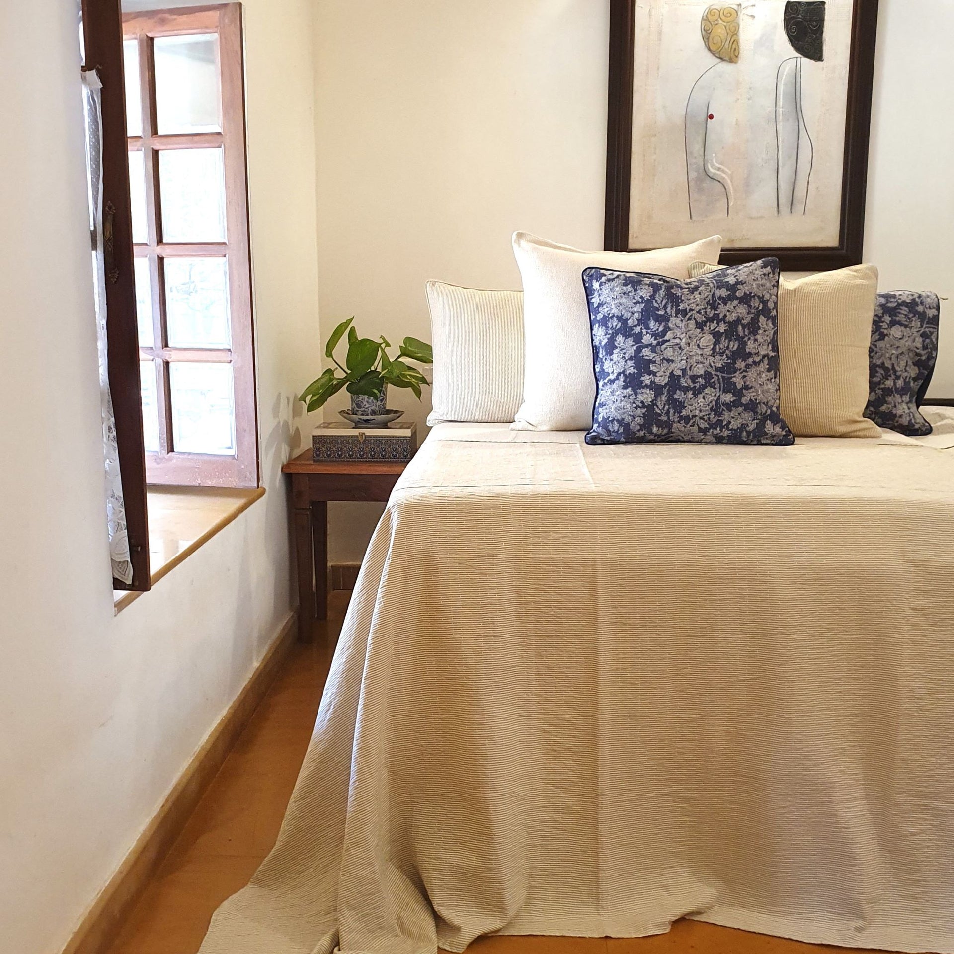 Belle Stripe Beige Kantha Bedspread | 220cm x 270cm