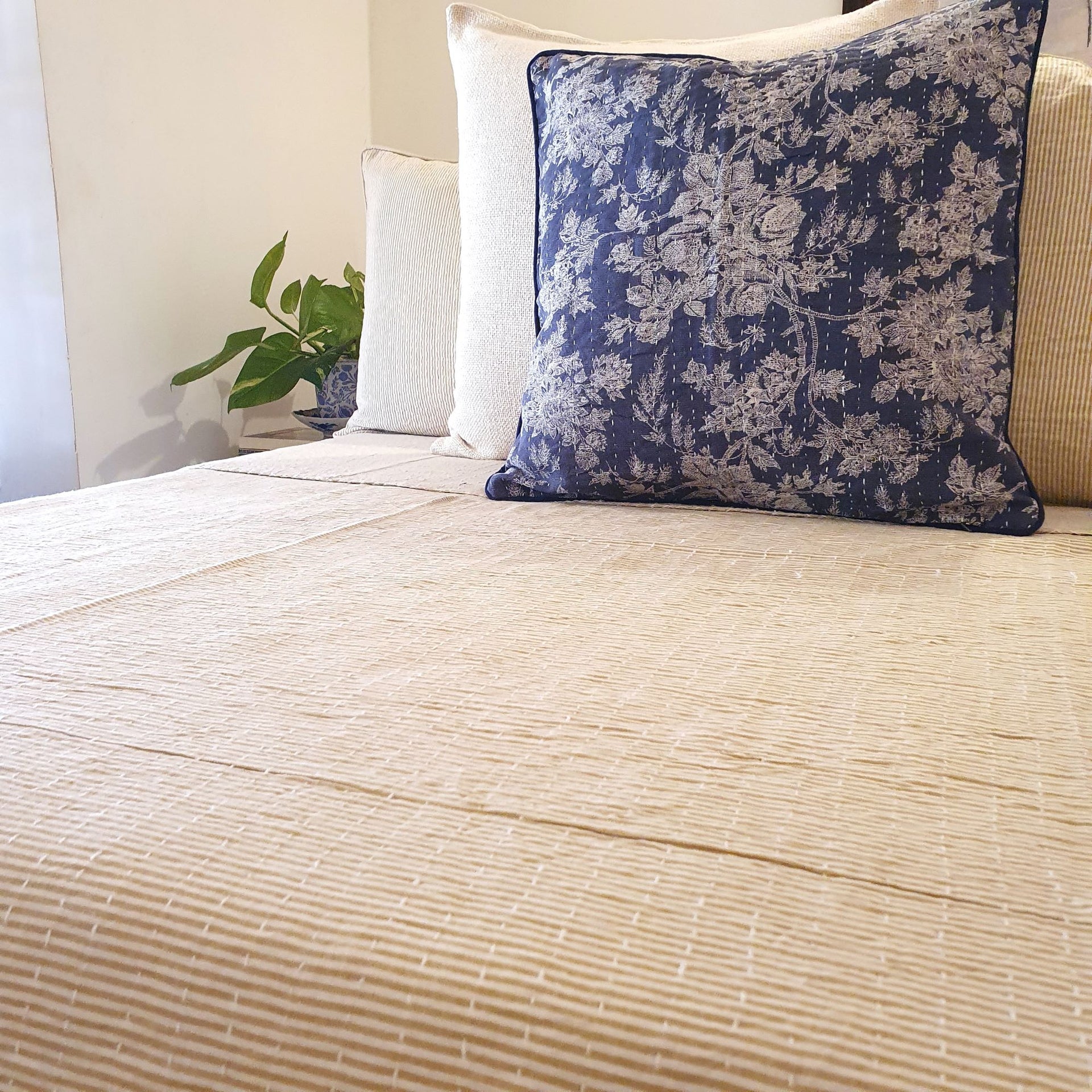 Belle Stripe Beige Kantha Bedspread | 220cm x 270cm