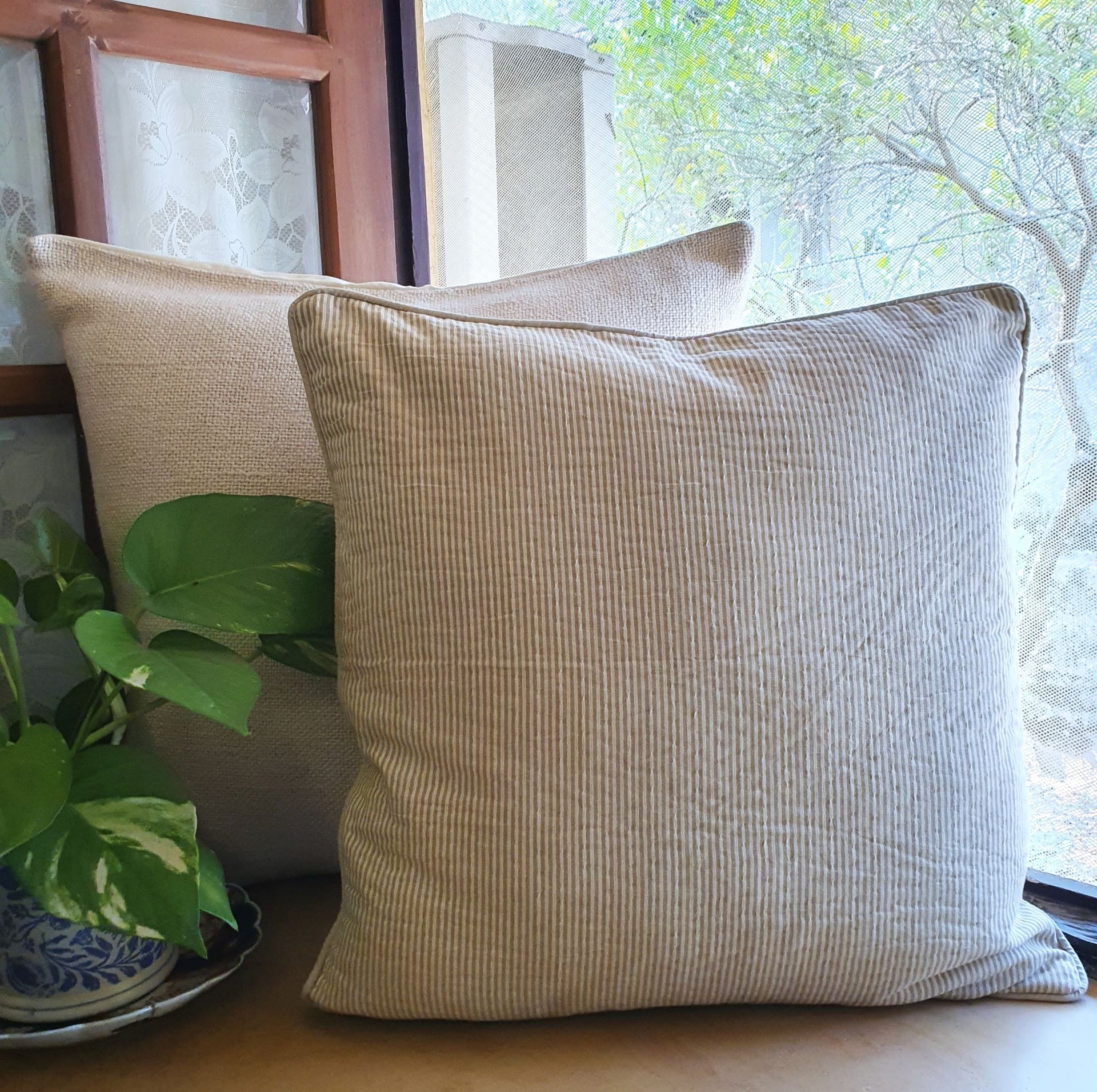 Belle Stripe Beige Kantha Cushion Cover | 50cm x 50cm