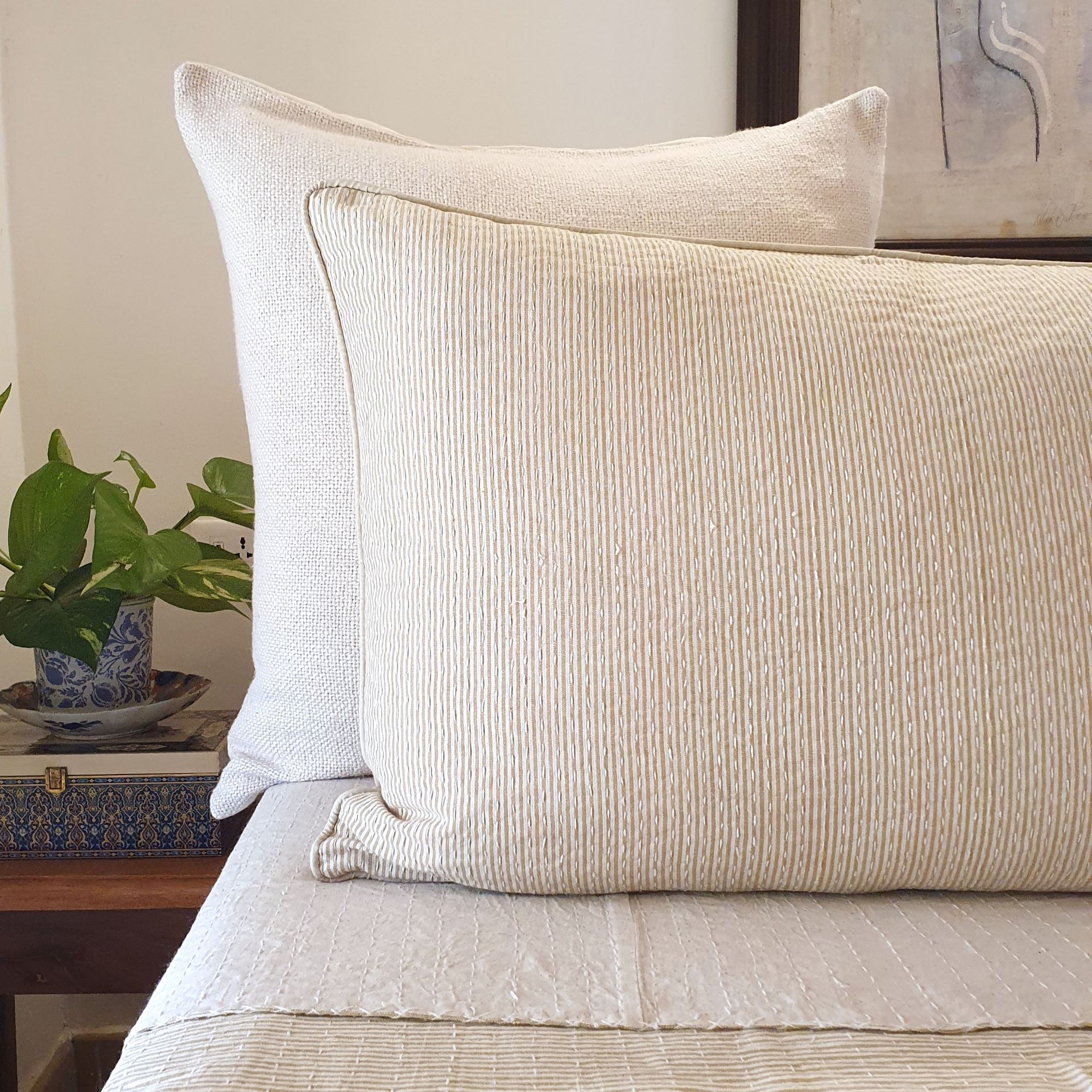 Belle Stripe Beige Kantha Stitch Zippered Cotton Pillowcase | 48cm x 73cm