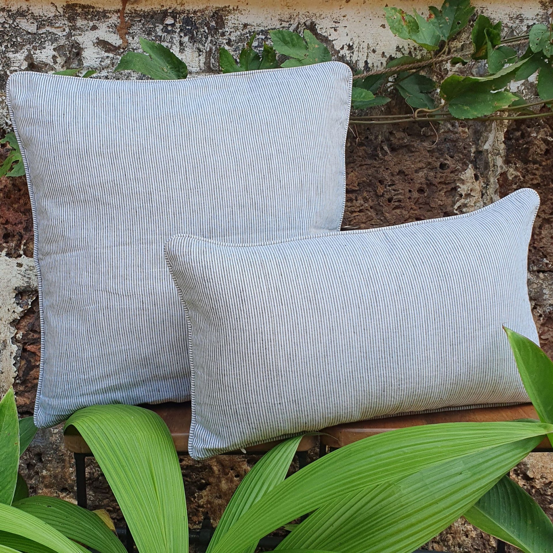 Charcoal Pinstripes Linen Lumbar Cushion with insert | 30cm x 50cm