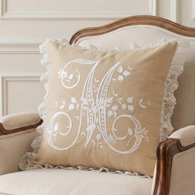Beige French Monogram M Cotton Lumbar Cushion Cover 30 × 50 cm
