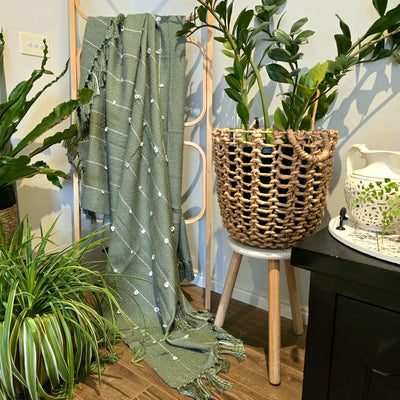 Provence Chic Handmade Green Cotton Throw |120x170cm Luxury Blanket