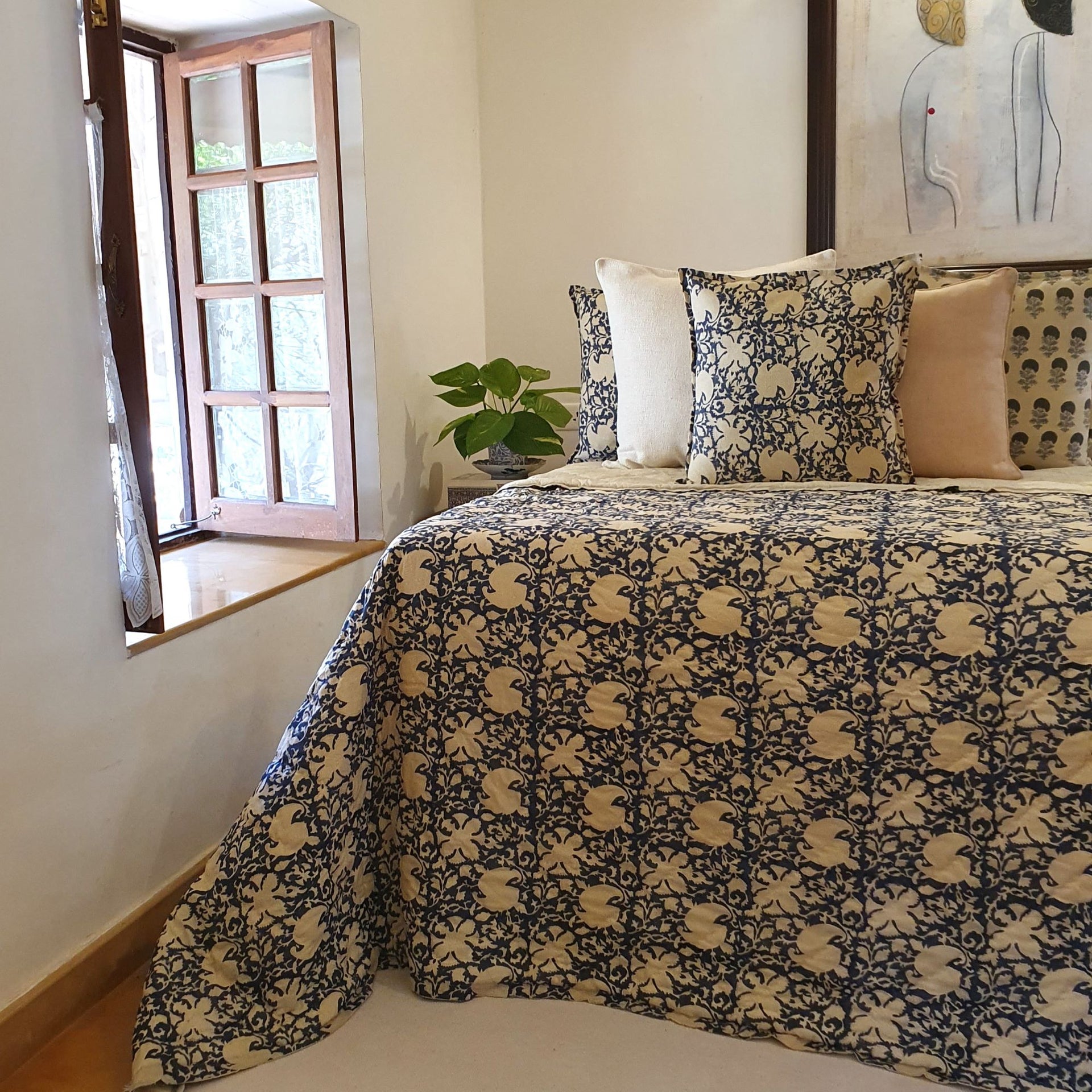 Indigo Jaal Quilted Bedspread | 220x270cm Cotton Quilt
