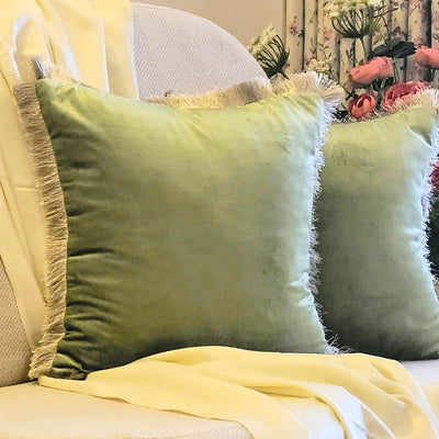 Moss Velvet Fringe - Cushion Cover