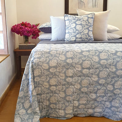 Farmhouse Blue Quilted Bedspread | French Country King Quilt | 220cm x 270cm