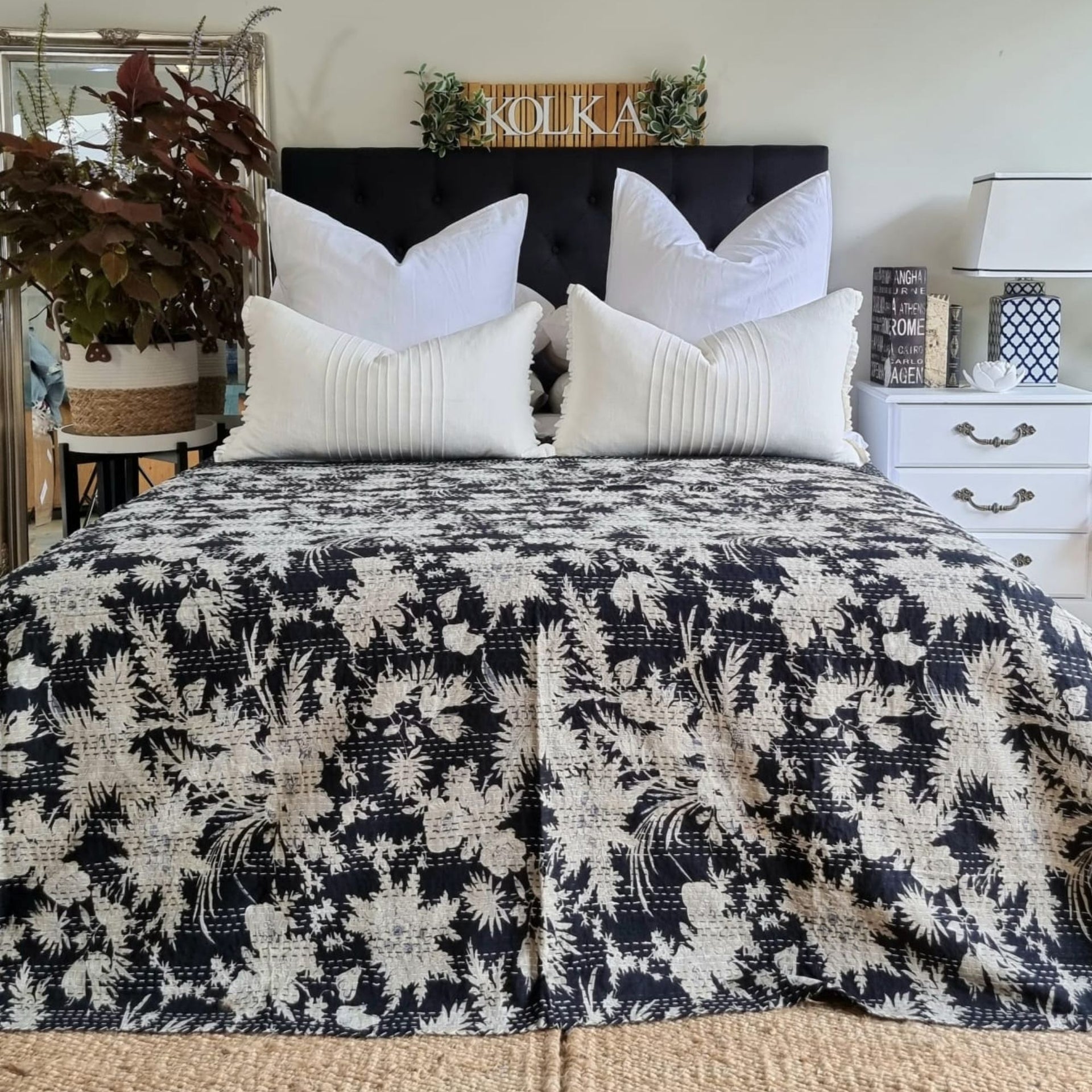 Black Rose Kantha Bedspread | 220cm x 270cm
