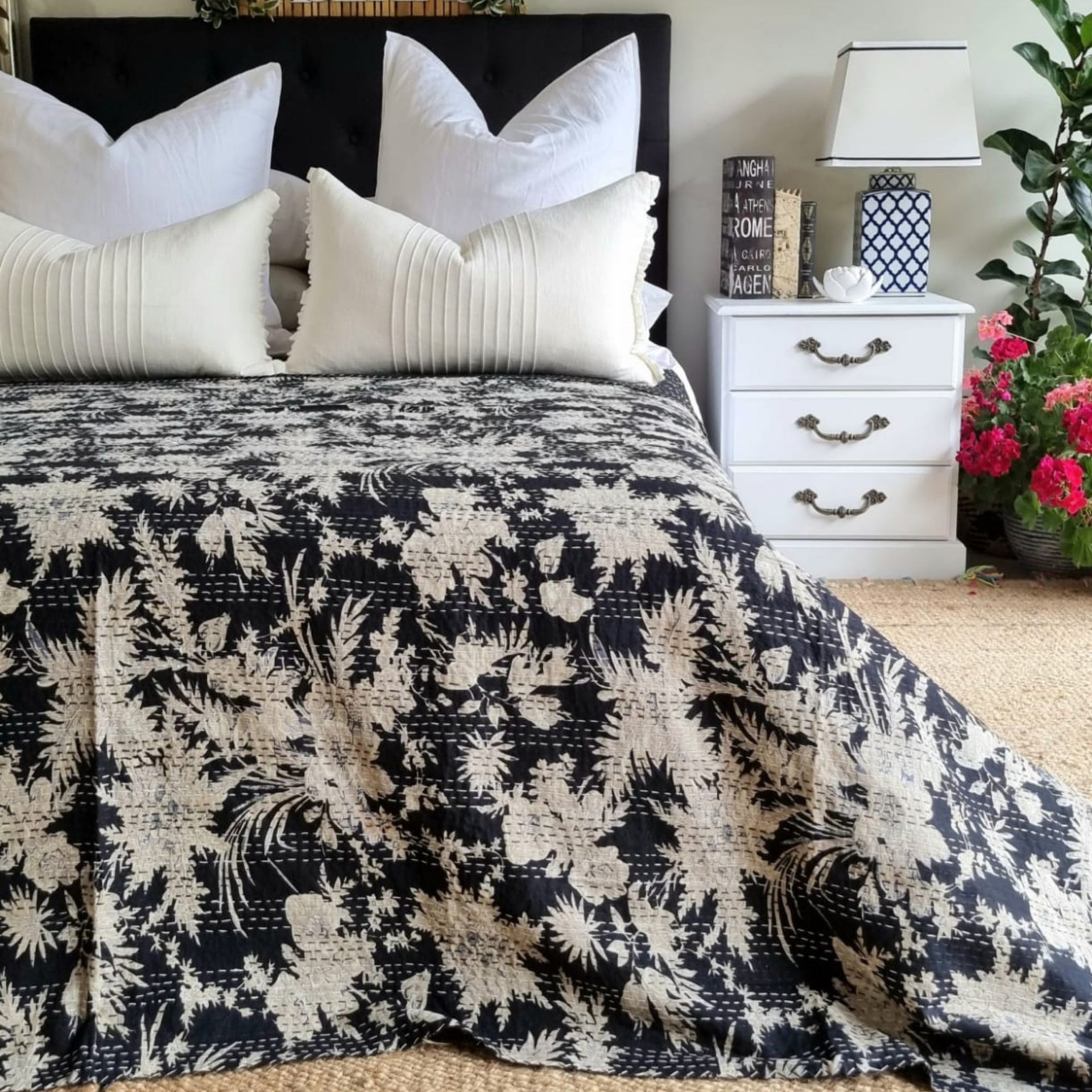 Black Rose Kantha Bedspread | 220cm x 270cm