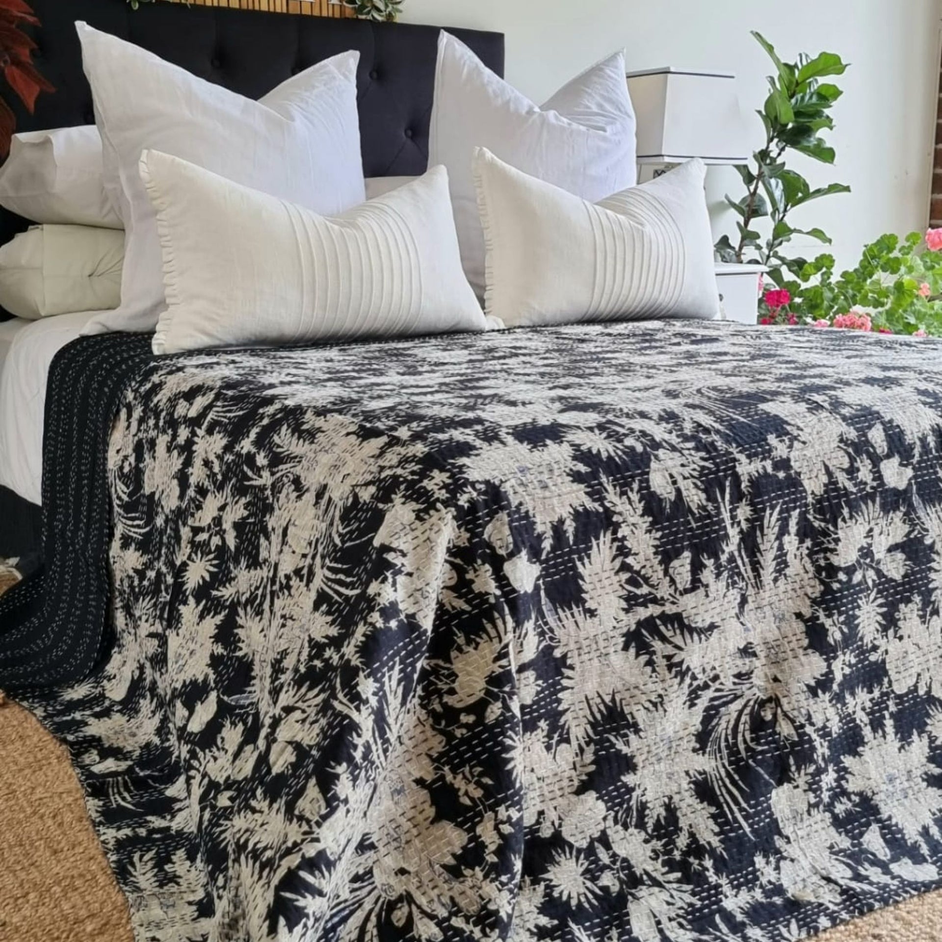 Black Rose Kantha Bedspread | 220cm x 270cm
