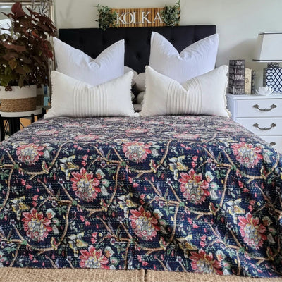 Midnight Bloom Kantha Bedspread | Kantha Bedspread 220x270 cm – 100% Cotton