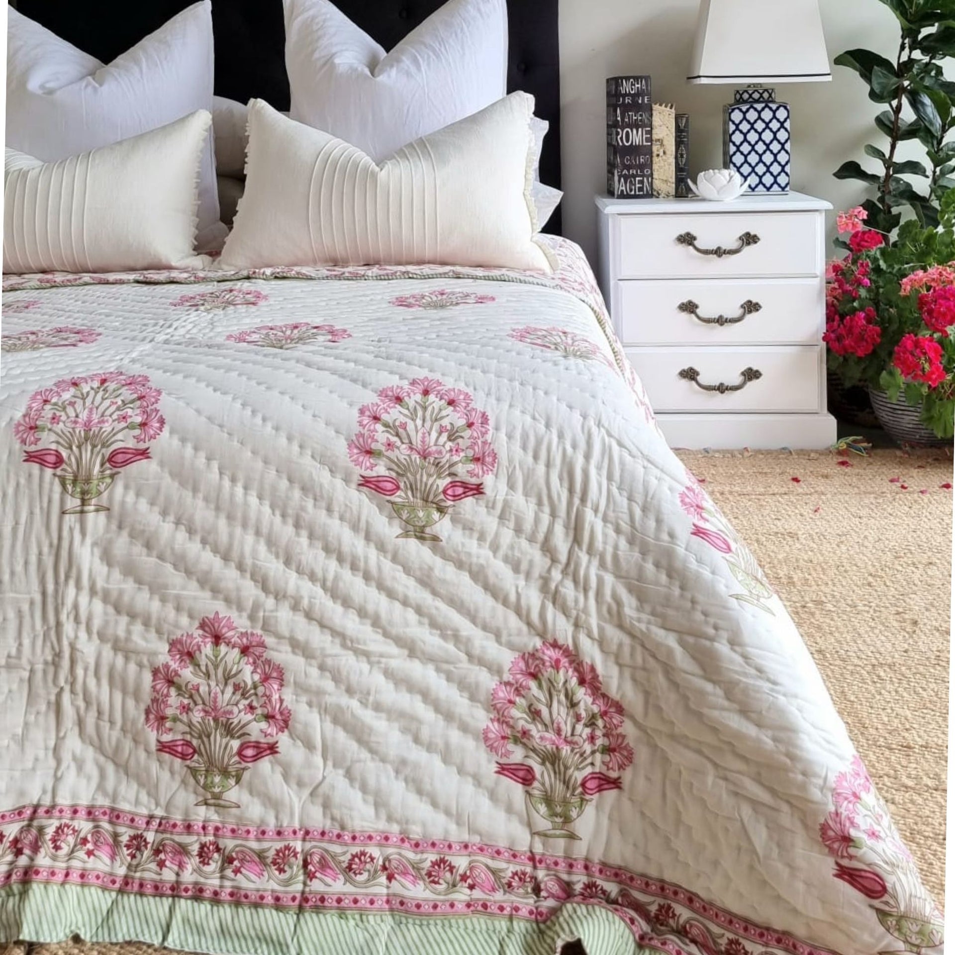 Pink Carnation Reversible Quilt | King Size Cotton Bedspread