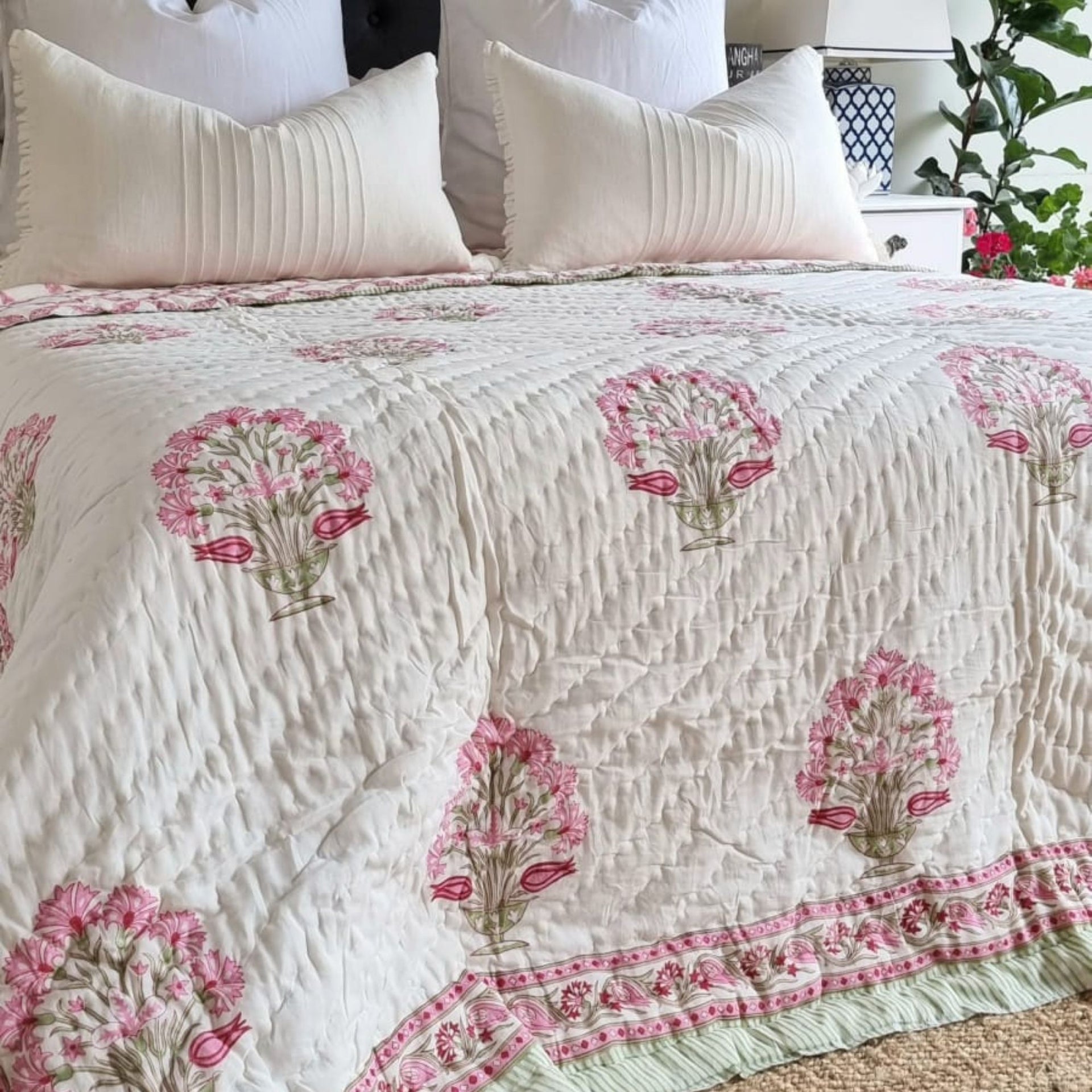Pink Carnation Reversible Quilt | King Size Cotton Bedspread