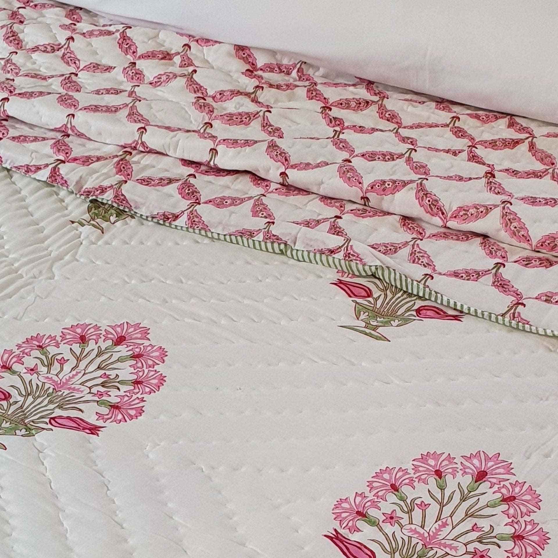 Pink Carnation Reversible Quilt | King Size Cotton Bedspread