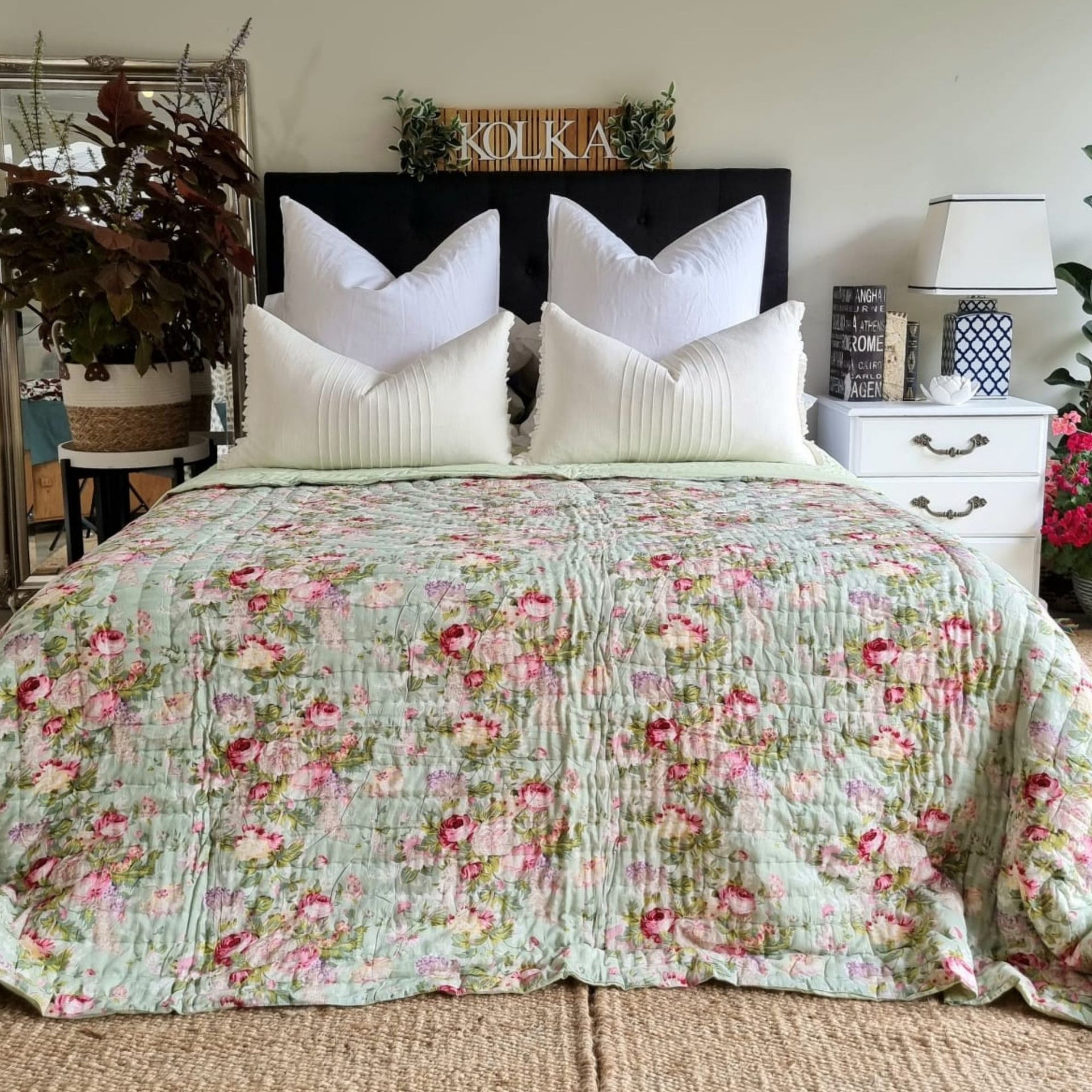 Green English Rose Cotton Reversible Quilt | 220cm x 270cm