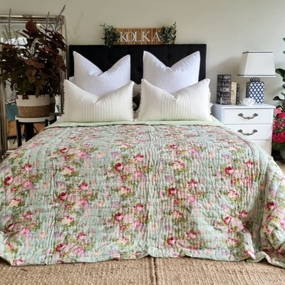 Green English Rose Cotton Reversible Quilt | 220cm x 270cm