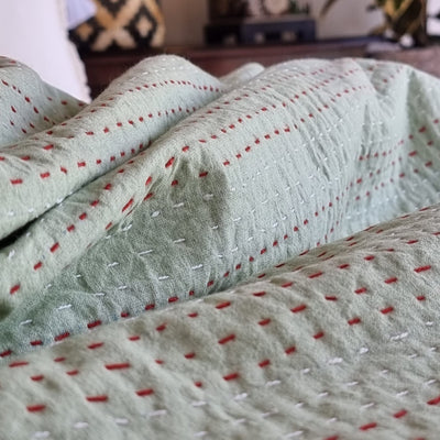 Green Berries Kantha Bedspread | Floral 220x270cm Green Bedcover