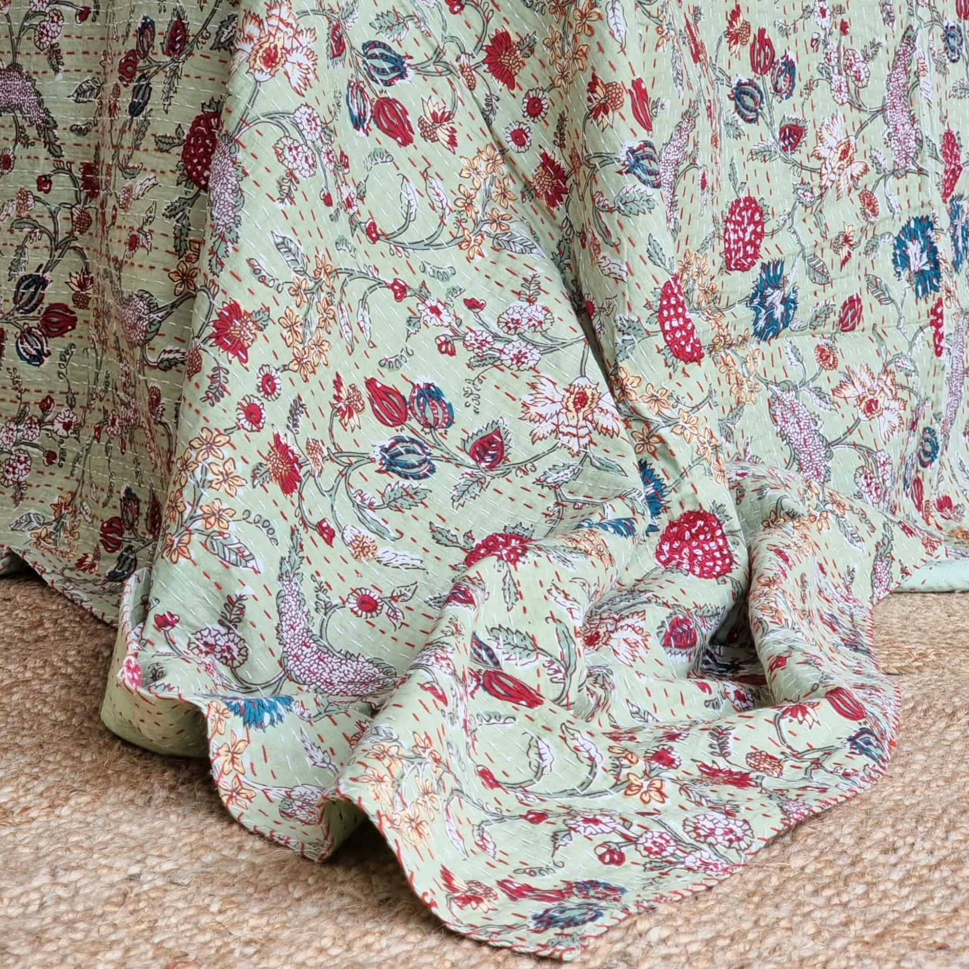 Green Berries Kantha Bedspread | Floral 220x270cm Green Bedcover