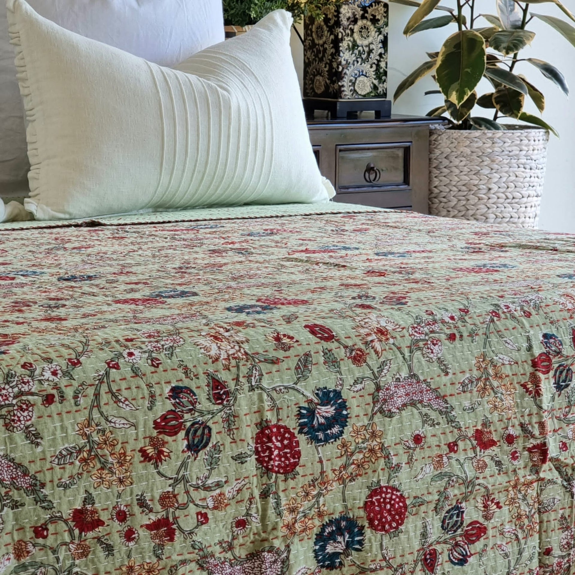 Green Berries Kantha Bedspread | Floral 220x270cm Green Bedcover