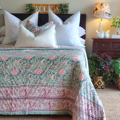 Indian Rose Reversible Quilt | Handcrafted 220x270cm Cotton Bedspread