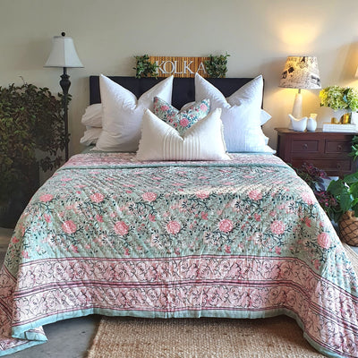 Indian Rose Reversible Quilt | Handcrafted 220x270cm Cotton Bedspread