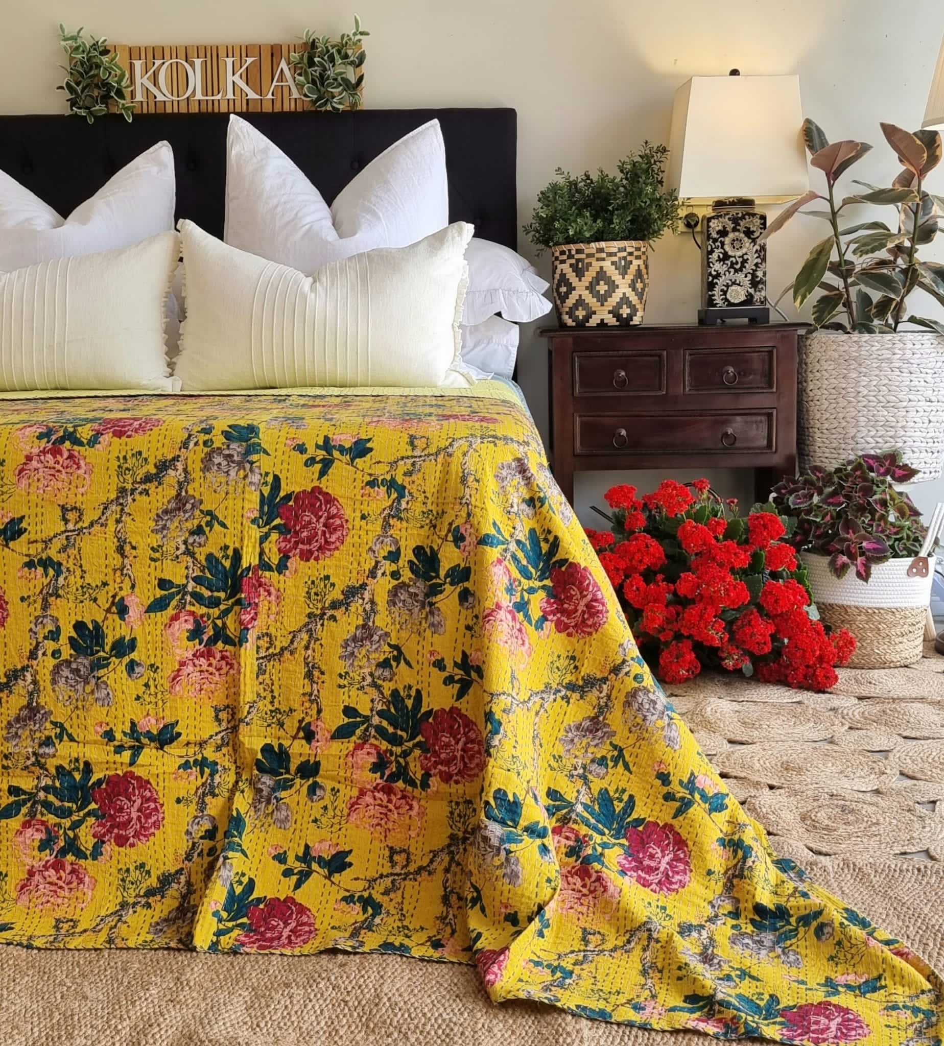 Mustard Peony Kantha Bedspread |220x270cm Yellow Coverlet