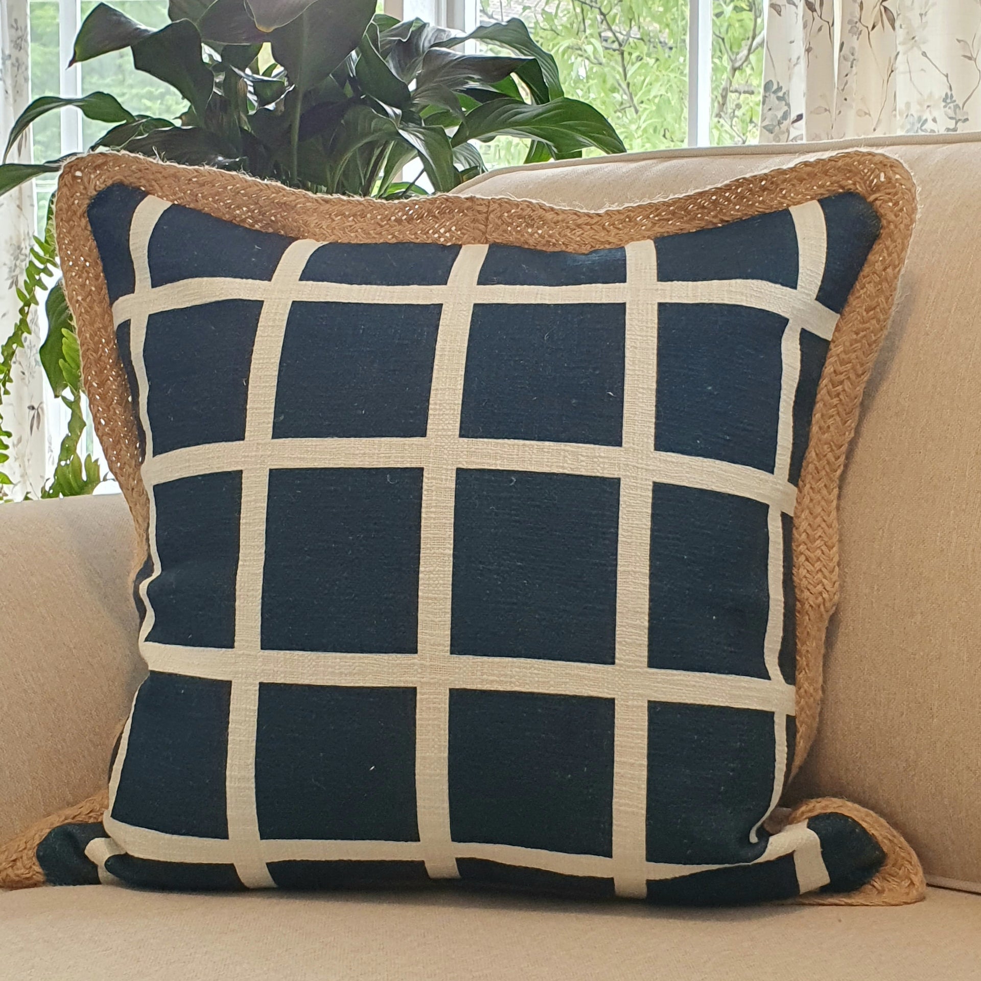 White Chequered Cotton & Jute Cushion Cover | 50cm x 50cm
