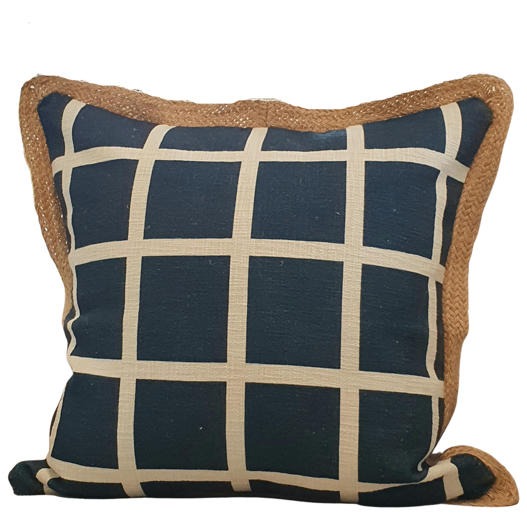 Navy Chequered Cotton & Jute Cushion Cover | 50cm x 50cm