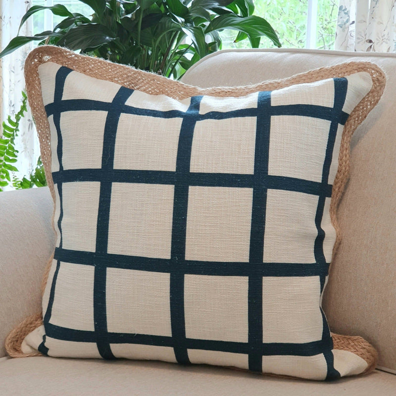 Navy Chequered Cotton & Jute Cushion Cover | 50cm x 50cm