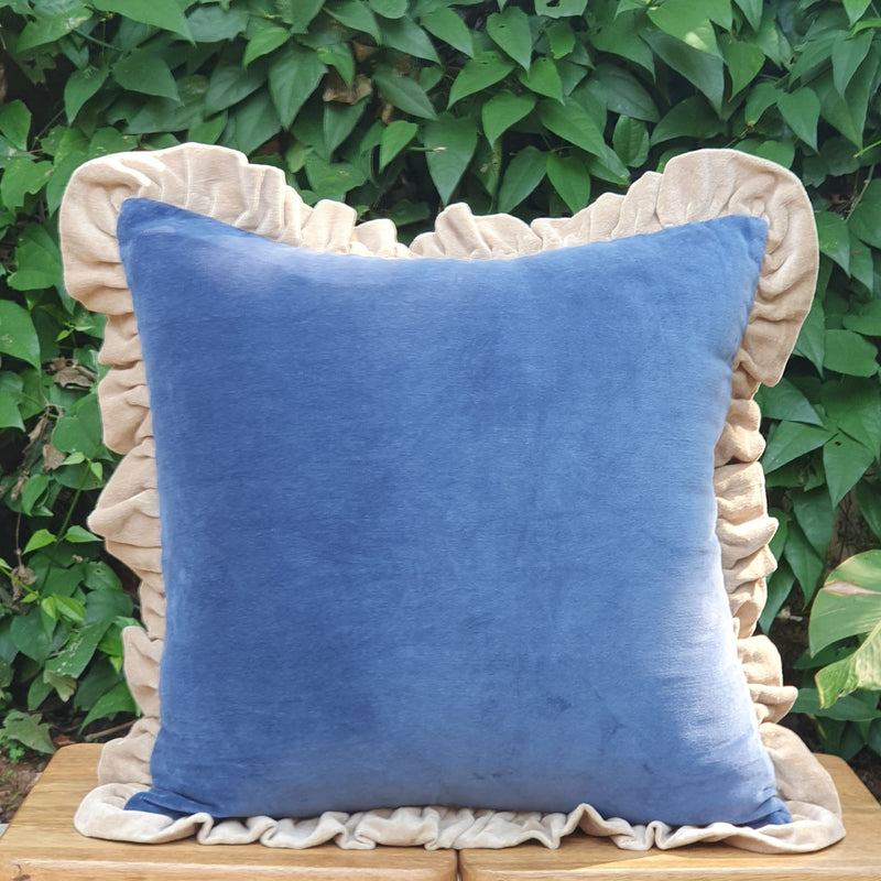 Blue Serenity Velvet Ruffle Cushion Cover