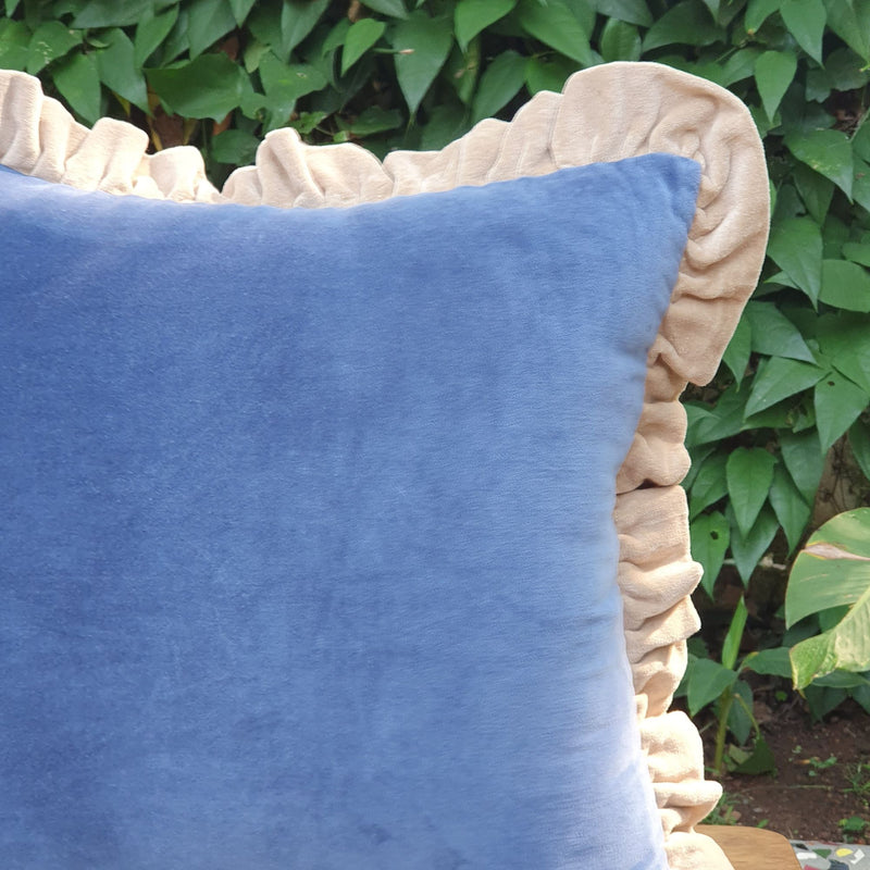 Blue Serenity Velvet Ruffle Cushion Cover