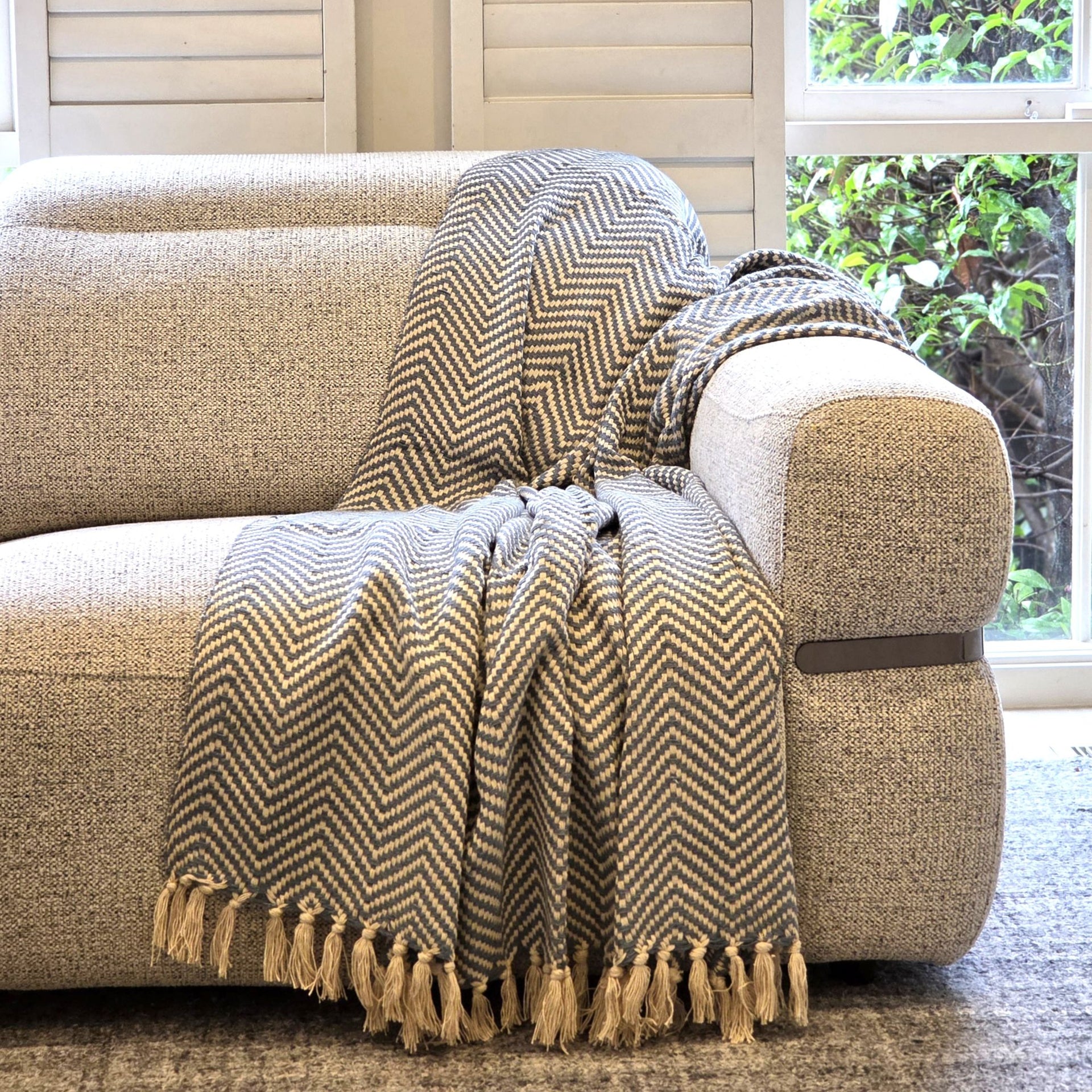 Blue Grey Chevron Handloom Throw Rug | 120x170cm