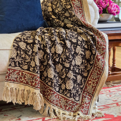 Black Botanica Throw Rug | 120x170cm Black Handloom Blanket