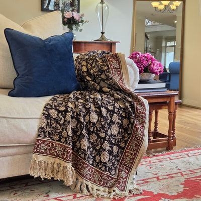 Black Botanica Throw Rug | 120x170cm Black Handloom Blanket