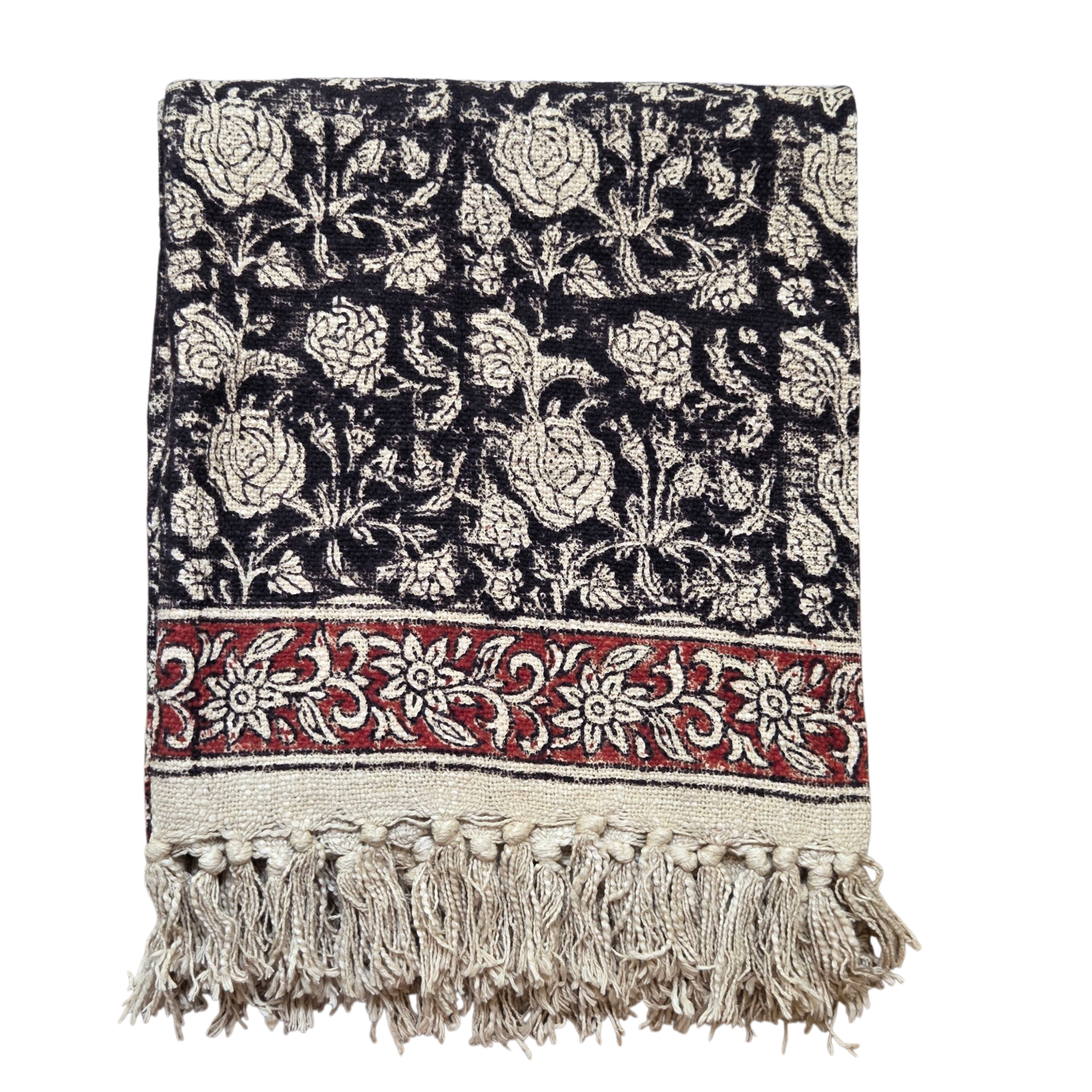 Black Botanica Throw Rug | 120x170cm Black Handloom Blanket