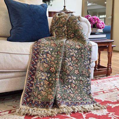 Green Botanica Throw Rug | 120x170cm Block Printed Handloom Blanket