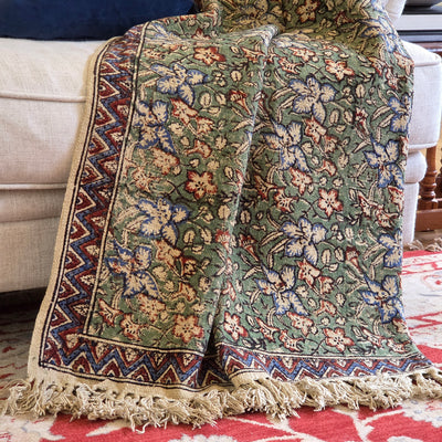 Green Botanica Throw Rug | 120x170cm Block Printed Handloom Blanket