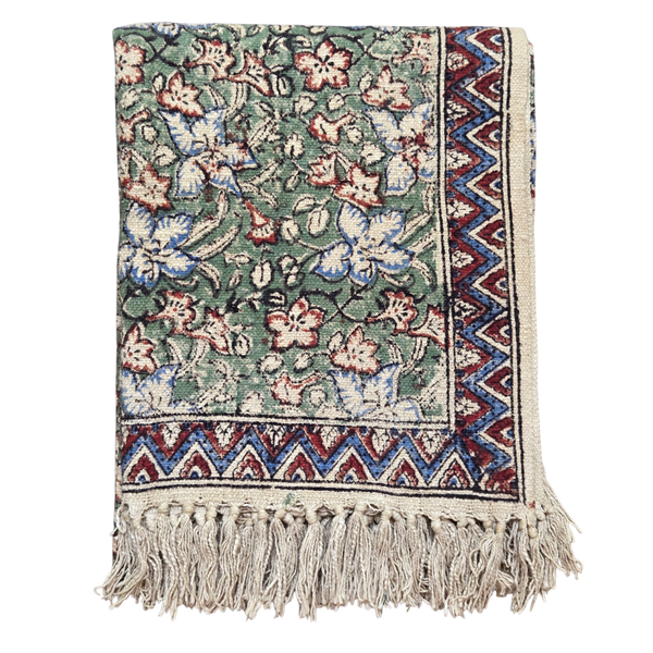 Green Botanica Throw Rug | 120x170cm Block Printed Handloom Blanket
