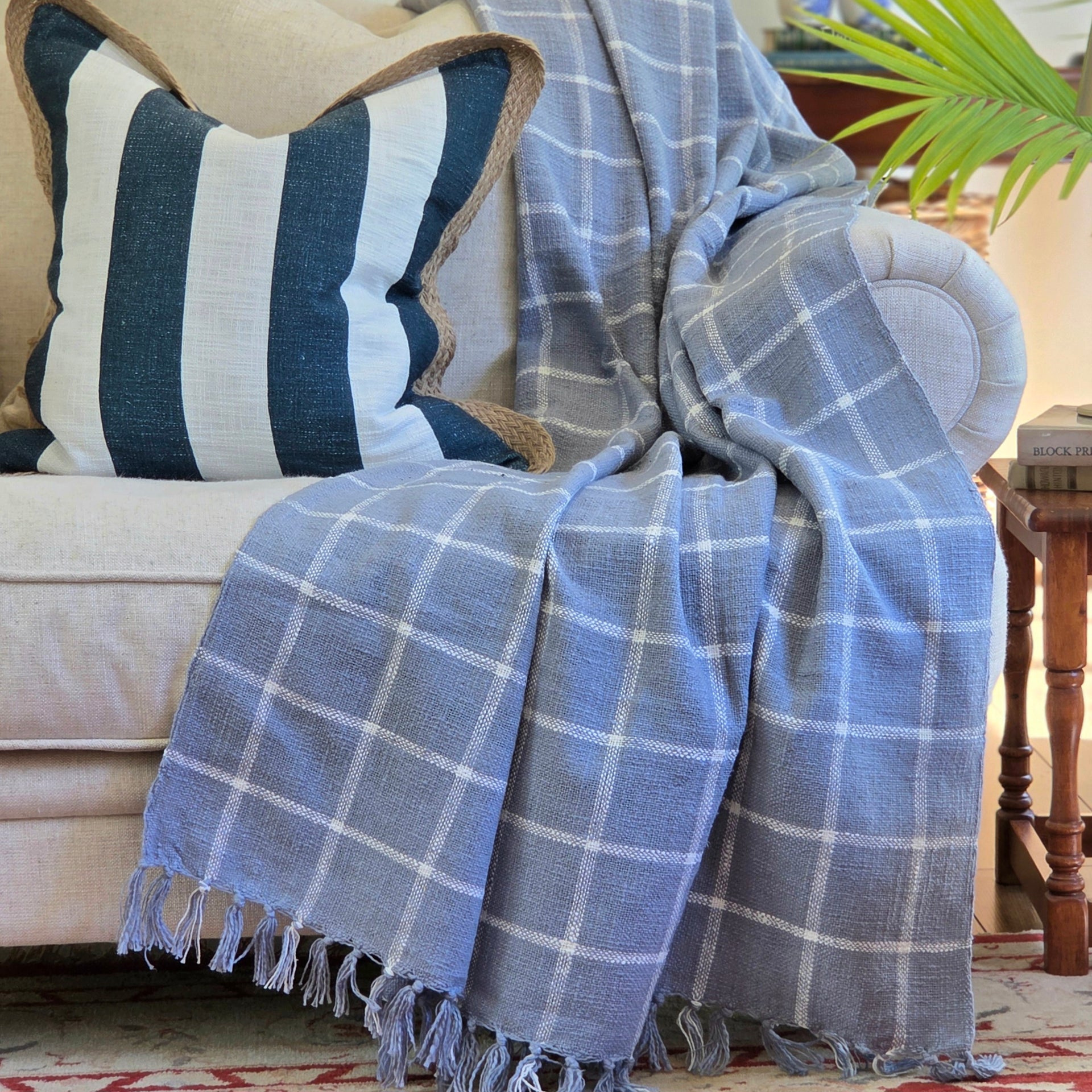 Maison Blue Checkered Throw Rug | 120x170cm Blue Handloom Blanket