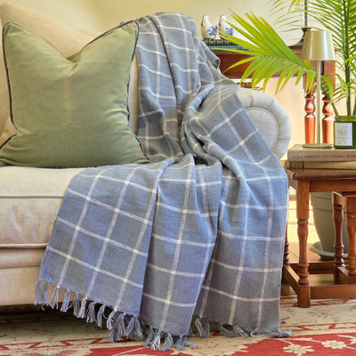 Maison Blue Checkered Throw Rug | 120x170cm Blue Handloom Blanket