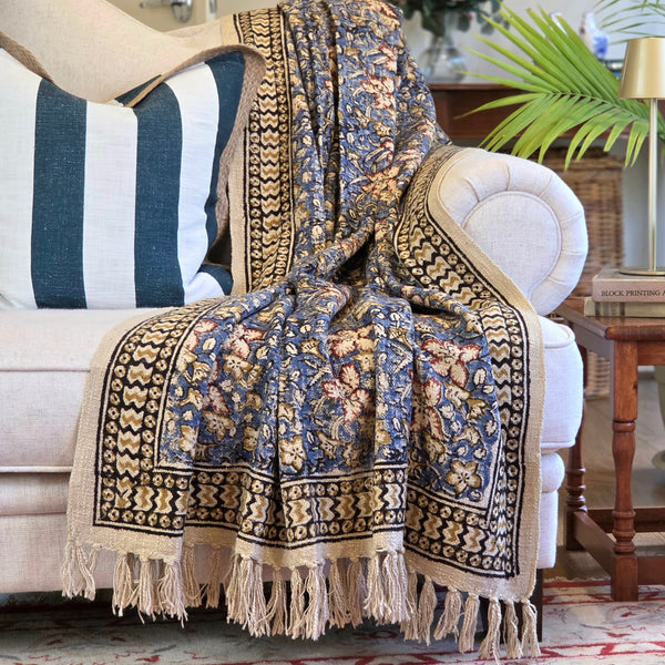 Indigo Botanica Throw Rug | 120x170cm Blue Handloom Blanket
