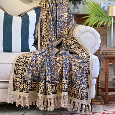 Indigo Botanica Throw Rug | 120x170cm Blue Handloom Blanket