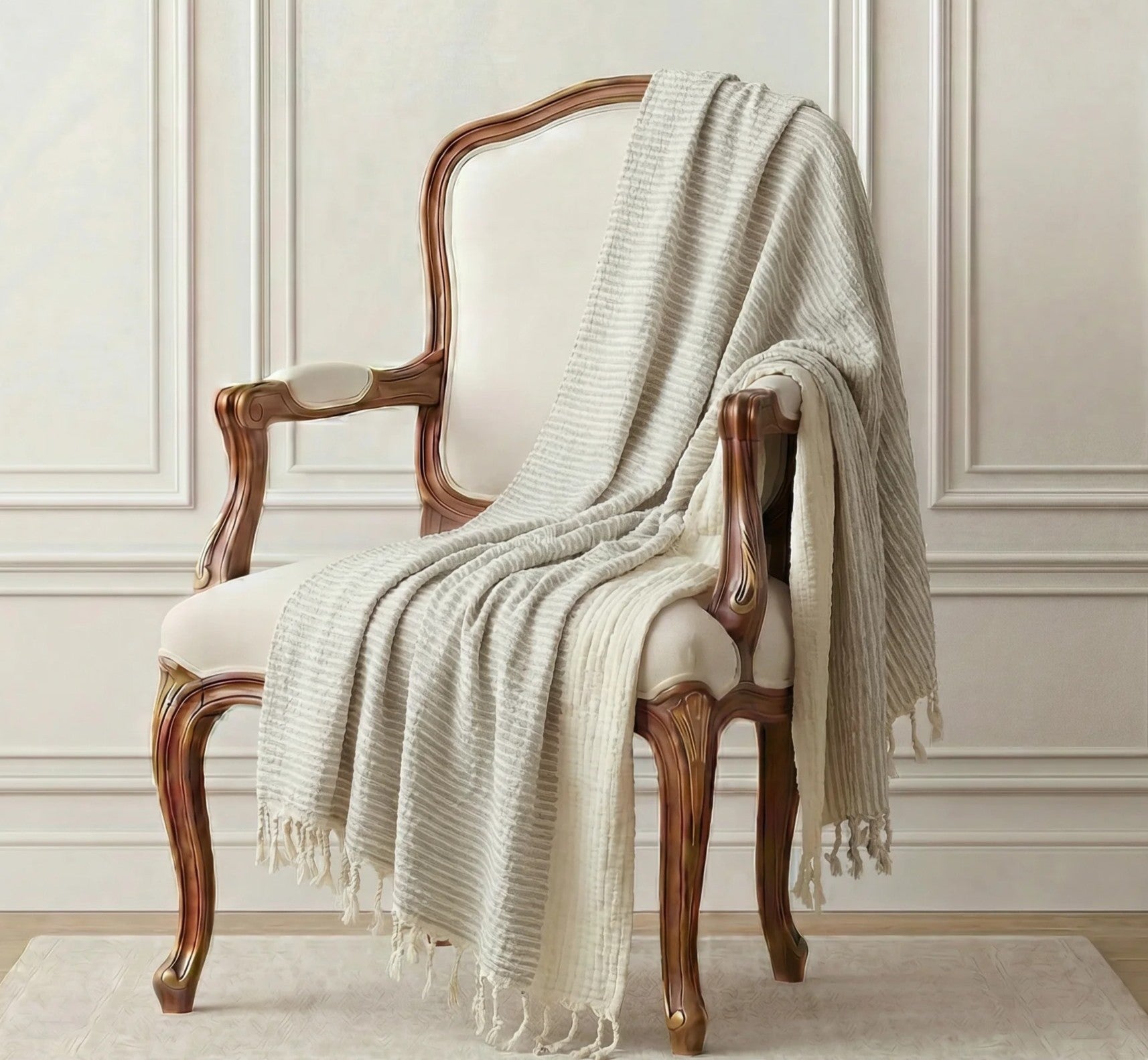 Parisian Elegance Light Grey Handmade Throw | 120x170cm Large Cotton Throw