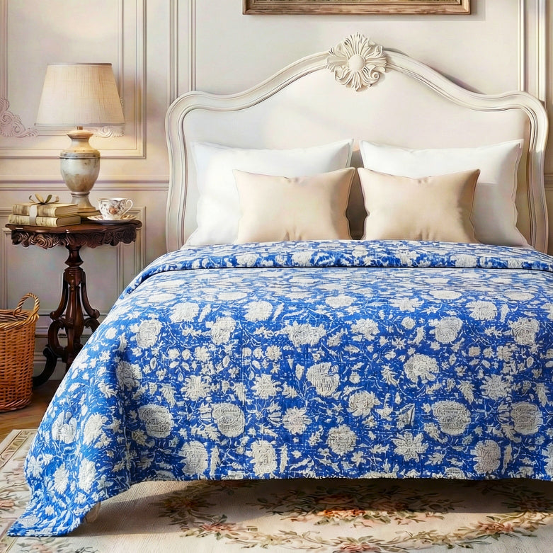 Hamptons Blue Kantha Bedspread 220x270 cm – 100% Cotton