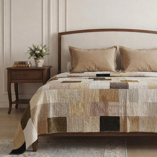 Latte Patchwork Bedspread | Country Cotton Coverlet in 220x270cm